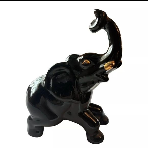 Vintage Ceramic Elephants (2) Black 1960 Gold Trunk Up Home Decor - Picture 2 of 9